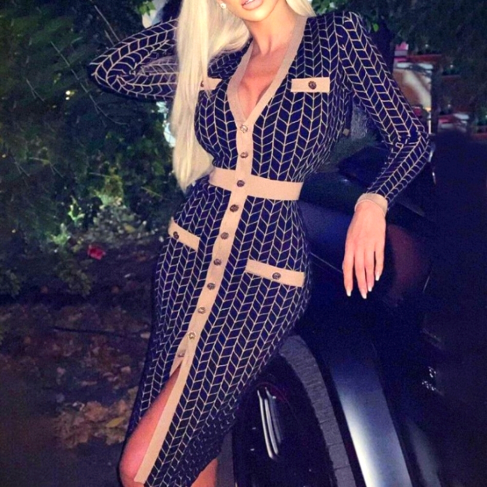 Button Down Bodycon V Neck Sexy Geometric Design Long Sleeve Midi Dress - Picture 1 of 4